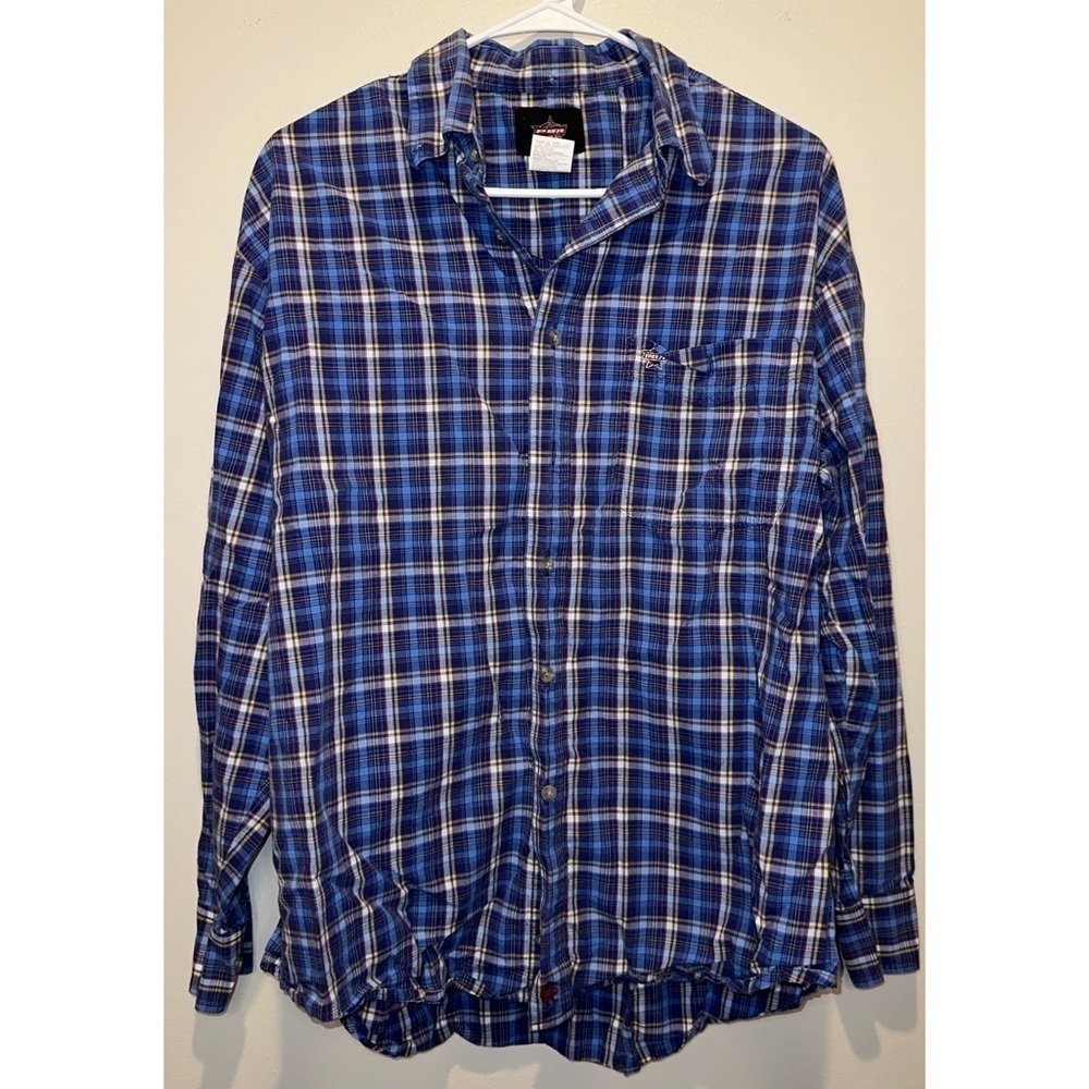 PBR Professional Bull Riders Mens Blue Plaid Long Sleeve Button‎ Down Shirt L